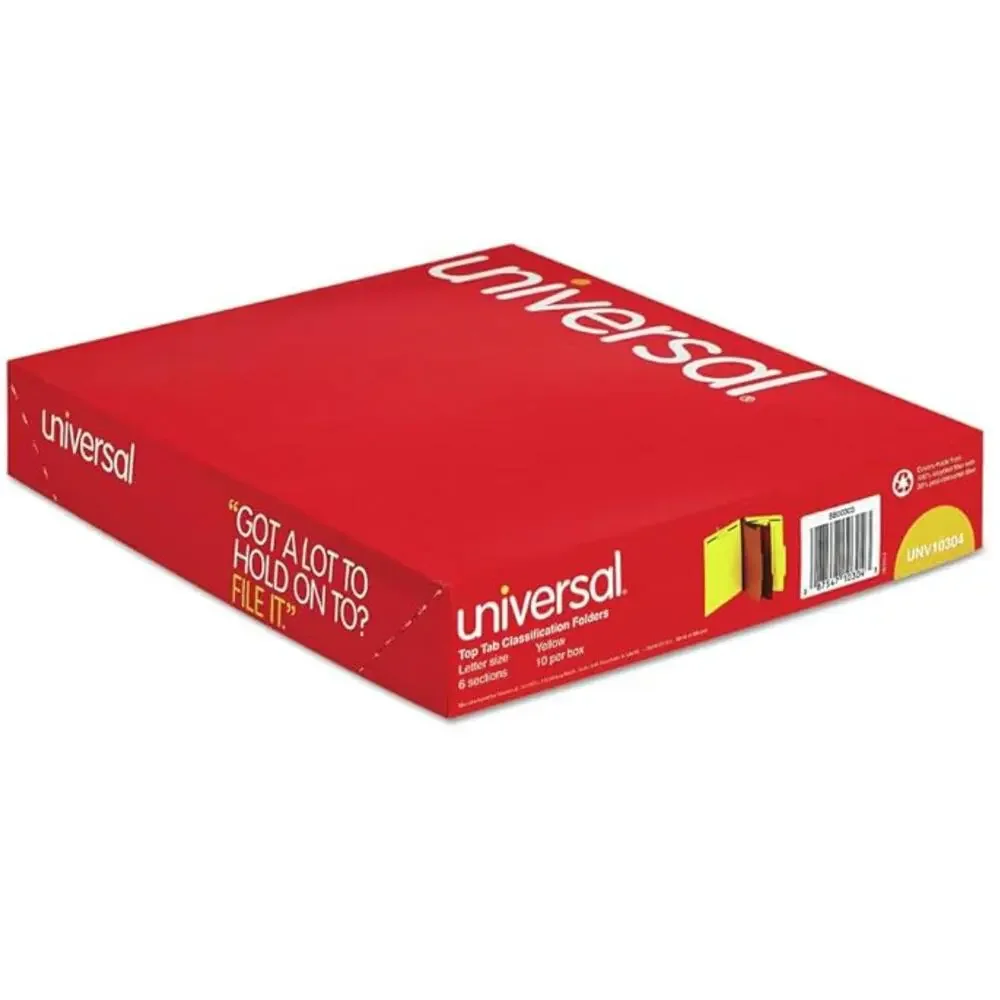 Universal Pressboard Classification Folders, Letter, Six-Section, Yellow, 10/Box